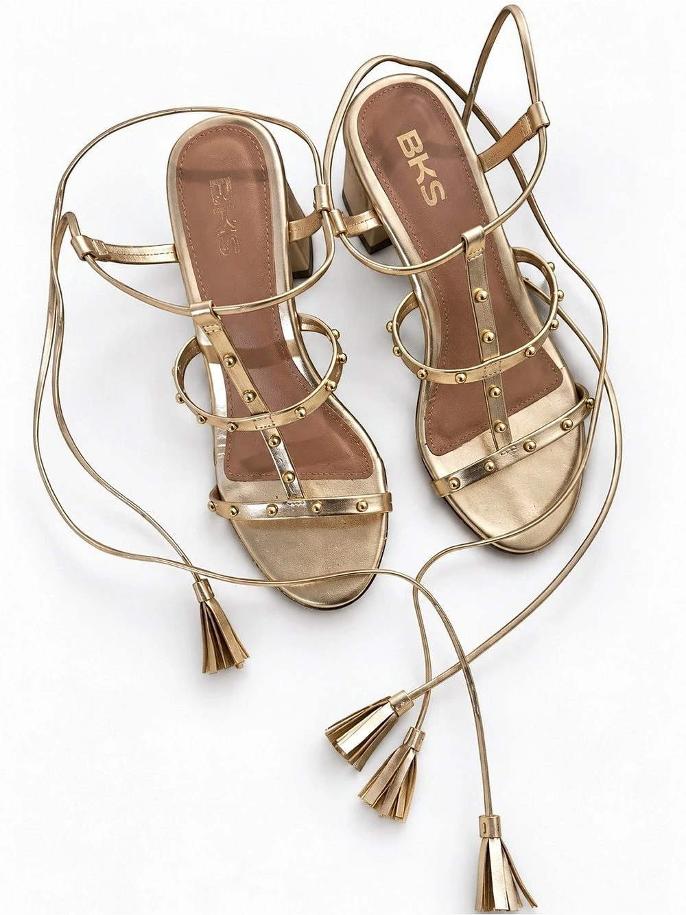 BKS Strappy Studded Block Heel Sandals in Gold